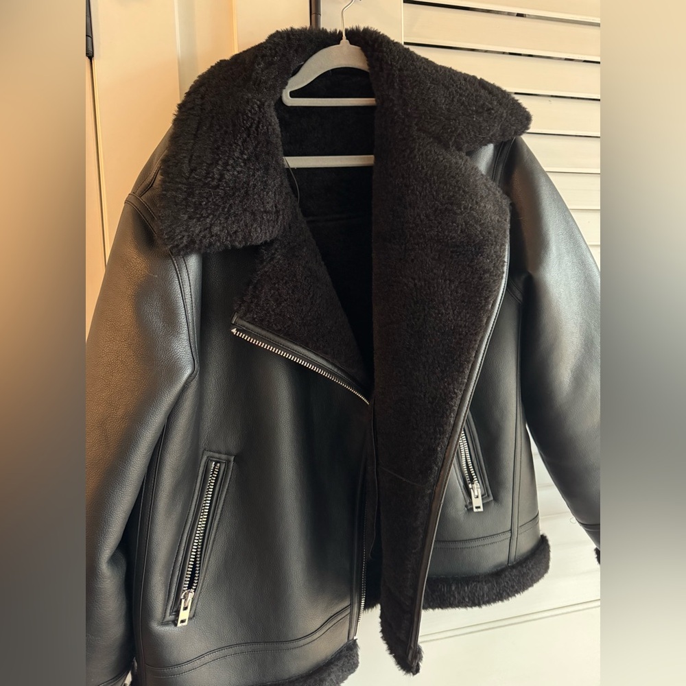 Mango Biker Jacket Shearling Effect Lining - image 1